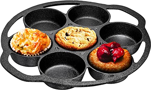 Bruntmor Premium Cast Iron 7-Cup Biscuit Pan, Large Muffin Pan, Round Kitchen Non Stick Baking Tool for Scones, Cornbread, Muffins, Cup Cakes and Brownies, Black