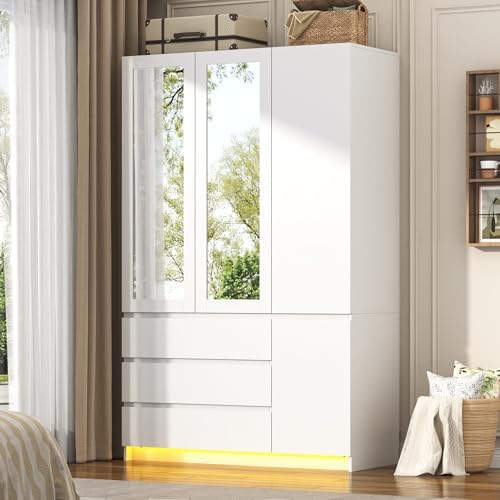 3 Doors Armoire Wardrobe Closet with 3 Drawers & Mirror, Modern Wooden Bedroom Armoires with Hanging Rod Led Lights for Bedroom, White