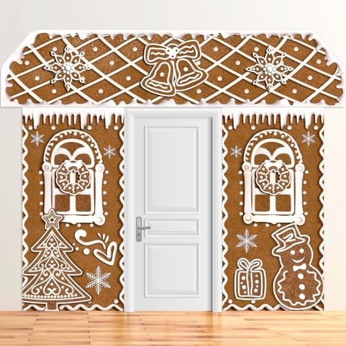 3 Pcs Christmas Gingerbread House Decorations Gingerbread Door Covers Backdrop Christmas Door Banners for Xmas Holiday Party Photography Photo Background Decor(Snowflakes Style)