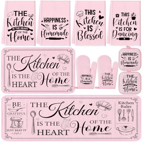 10 Pcs Farmhouse Kitchen Decor and Accessories Set 4 Kitchen Towels 2 Pot Holders 2 Oven Mitts 2 Rugs for Christmas Thanksgiving Cooking Baking Daughter Mom Gifts(Pink,Classic Style)