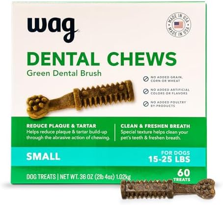 Amazon Brand - Wag Dental Dog Treats to Help Clean Teeth & Freshen Breath - Small, Unflavored, 2.25 pounds, 60 Count (Pack of 1)