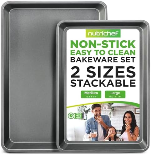 NutriChef 2-Piece Nonstick Stackable Cookie Sheets - Heavy Duty, Non-Toxic Carbon Steel Bakeware Trays, Easy Clean, Warp-Resistant, Large & Medium Sizes - Dishwasher Safe - Gray