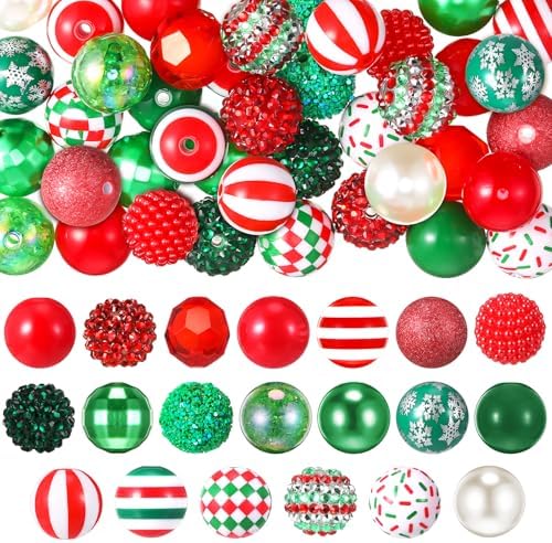 40 Pcs 20mm Christmas Bead for Pen Rhinestone Bubblegum Bead Mixed Crystal Resin Chunky Sugar for Pen Beadable Keychain DIY Craft Jewelry Making Supply(Red, Green and White)