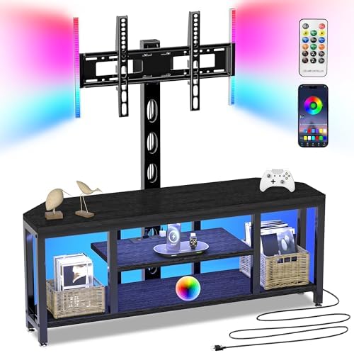 Corner TV Stand with Mount LED - Universal TV Mount Stand for 32-65" TV, Height Adjustable Swivel TV Console Wood & Steel Entertainment Center with Mount, Cabinet, Power Outlet, Colorful Light, Black