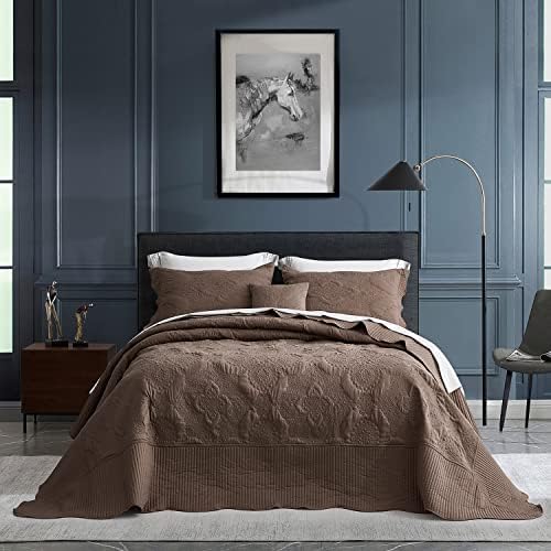 HZ & HY Oversized King Bedspread 128x120 Extra Wide, Quilted Coverlet Bedding Set, Lightweight Thin Comforter, Reversible, 5 Piece, 100% Microfiber, Mocha
