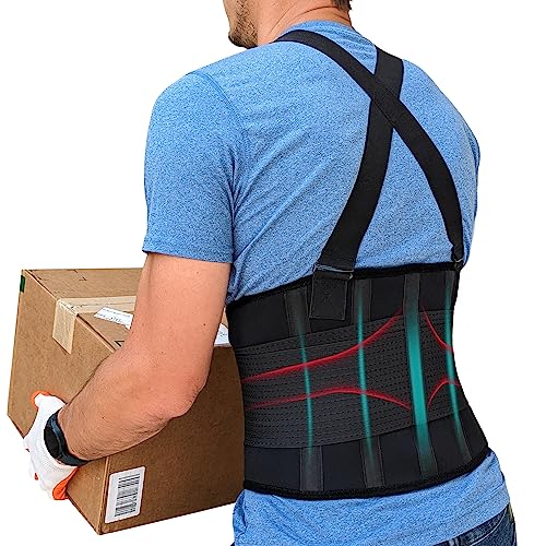Adjustable Lower Back Support Belt with Suspenders - Heavy Duty Work Brace for Men & Women - Industrial Strength Lumbar Protection for Construction, Warehouse, Moving & Physical Labor Safety, L