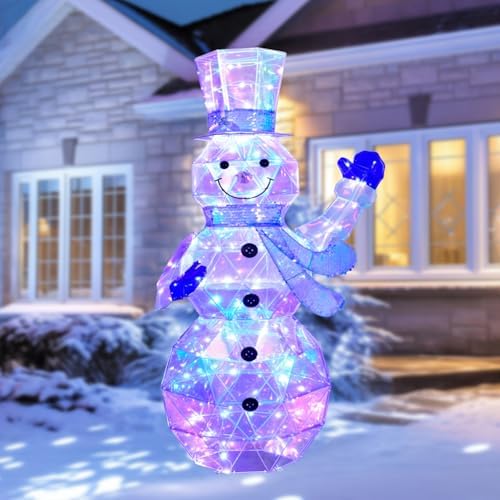 Christmas Outdoor Decorations Prismatic Snowman - HOYECHI Light Up 4.1FT Snowman with 120 LEDs, Outside Yard Prismatic Christmas Decor Including Lighted Snowman, Stakes, Zip Ties, Scarf - Colorful