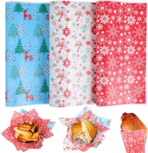 CCINEE 150 Pcs Christmas Wax Paper Sheets for Food, Greaseproof Wrapping Tissue Bulk for Deli Baking, Picnic, Sandwich, Cookies, Oilproof Basket Liners (9.84 x 9.84 Inch)