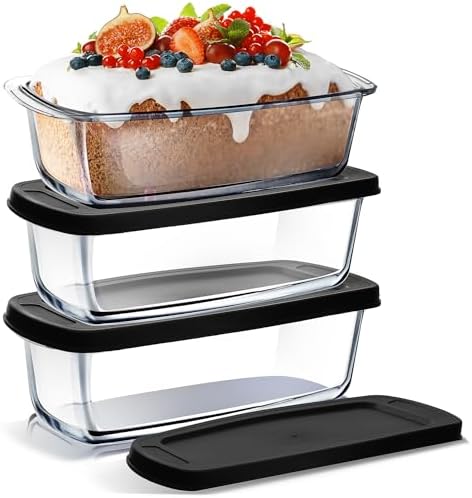 Nestl Set of 3 Glass Bread Loaf Pans for Baking Bread Pans for Homemade Breads, Glass Food Storage Containers with Lids, Glass Baking Dishes for Oven, Pound Cake Pan, Loaf Pan, 1.9 Quart