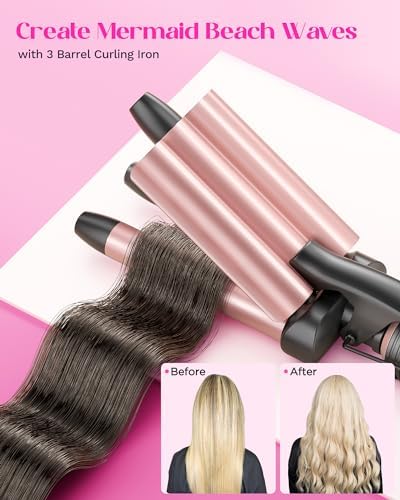 Wavytalk 5 in 1 Curling Wand Set, Dual Voltage Curling Iron Set with 5 Interchangeable Barrels Included A Thermal Brush, A Hair Crimper and 3 Ceramic Curling Wands(0.5"-1.25"), Rose Pink