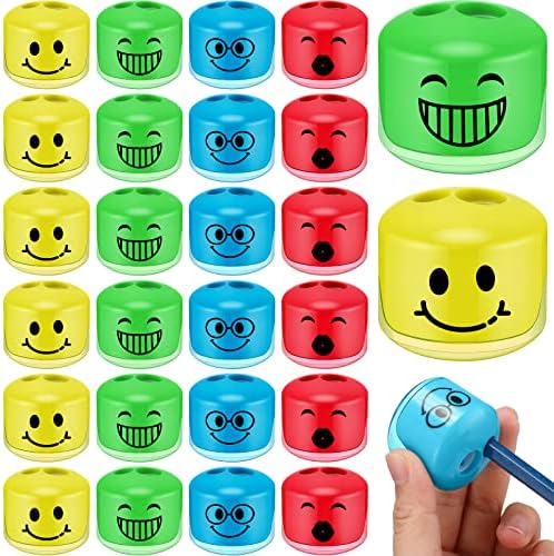 Crtiin 24 Pcs Christmas Pencil Sharpeners for Kids Cartoon Smile Small Pencil Sharpener Handheld Manual Dual Holes for School Office Art Room