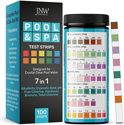 7-Way Pool Test Strips, 100 Quick & Accurate Pool and Spa Test Strips, Pool Water Test Kit - Chlorine, Bromine, pH, Hardness, Alkalinity, Pool Water Tests, Spa and Hot Tub Test Strips with Ebook - JNW