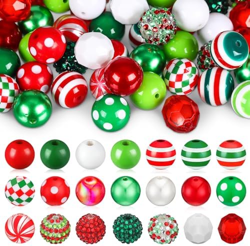Poen 100 Pcs 20 mm Christmas Rhinestone Bubblegum Beads for Pens Bulk Crystal Resin Acrylic Plastic Spacer Chunky Beads for Christmas DIY Craft Keychain Necklace Bracelet Jewelry Making Holiday Decor