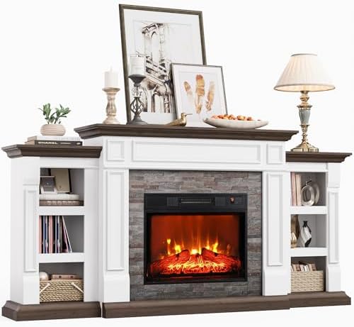 Naice 72" Electric Fireplace with Mantel and Cabinets, Fireplace TV Stand for Living Room Bedroom, Stacked Stone Surround and Remote Control 3D Realistic Flame