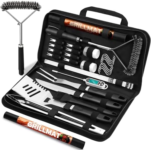 31pcs BBQ Grill Accessories Set for Men Dad, Heavy Duty Grilling Tools Gifts for Fathers Day, Stainless Steel BBQ Utensils Kit with Mats, Grill Brush in Carrying Bag Black