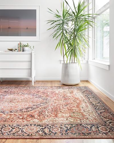 Loloi Layla Collection LAY-08 Red/Navy 7'-6" x 9'-6" .13" Thick Area Rug, Soft, Durable, Vintage Inspired, Distressed, Low Pile, Non-Shedding, Easy Clean, Printed, Living Room Rug