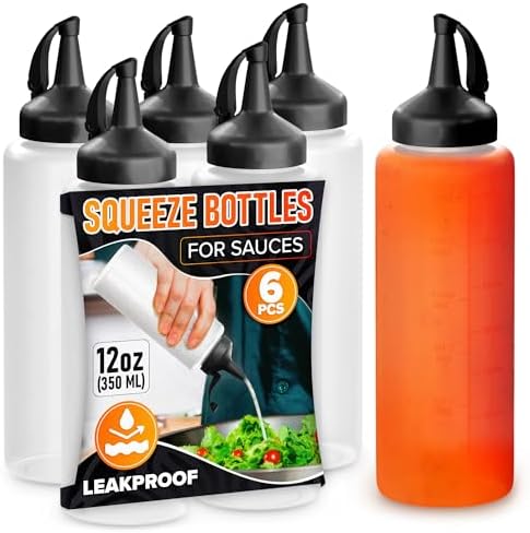 6 Pcs Condiment Squeeze Bottles for Sauces 12 oz – Squirt Bottles for Liquids, Refillable, Leak-Proof, Easy-to-Fill | Durable and Convenient Salad Dressing Dispenser | Dressing Mustard Ketchup Bottle