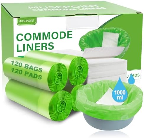 120 Pack Commode Liners with 120 Super Absorbent Pads, Disposable Leakproof Bags for Bedside Commode, Universal Fit for Standard Toilet Chair Buckets