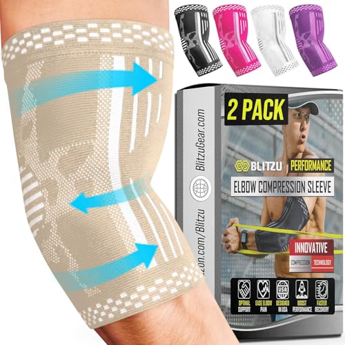 BLITZU 2 Pack Elbow Compression Sleeve, Tennis Elbow Brace Support for Golfer's, Arthritis, Bursitis & Tendonitis Treatment & Pain. Great for Gym Workout, Weightlifting. Nude X-Large.