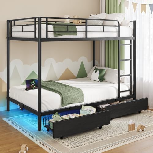 Rolanstar Metal Bunk Bed Twin Over Twin with USB Charging Station, LED Bunk Bed with 2 Storage Drawers, Bed with Safety Guardrail & Ladders, No Box Spring Needed, Easy Assembly, Black