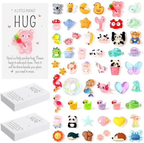 50 Sets Christmas Pocket Hug Token Gifts Bulk Mini Resin Animals Small Thank You Gifts Bulk with Pocket Hug Cards for Friend Birthday Party (Cute)
