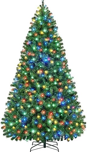 Yaheetech 7.5ft Pre-lit Spruce Artificial Christmas Tree Hinges Tree with 550 Multicolor LED Lights & 1354 Branch Tips & Metal Stand for Home, Office, Party Decoration, Green