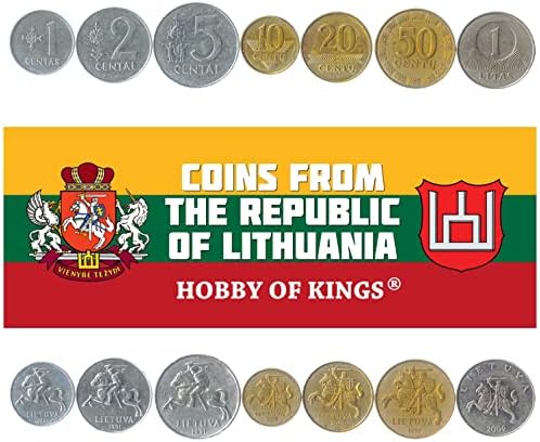 7 Coins from Lithuania | Lithuanian Coin Set Collection 1 2 5 10 20 50 Centu 1 Litas | Circulated 1991-2014 | Knight | Horse | Vytis