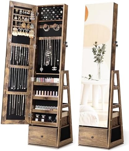 Nicetree 360°Swivel Jewelry Cabinet, Rotatable Full Length Mirror with Jewelry Storage, Standing Jewelry Armoire Organizer, Lockable Jewelry Organizer with 3 Rear Shelves, Bottom Drawer, Rustic Brown