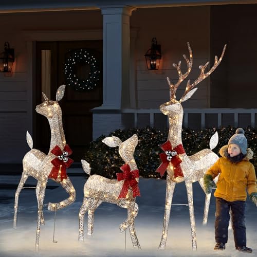 3D Christmas Reindeer Outdoor Decorations - 3 Pieces Set of Gold LED Deer Family with 240 Warm Lights - 5ft Buck & 4ft Doe & 2.5ft Fawn
