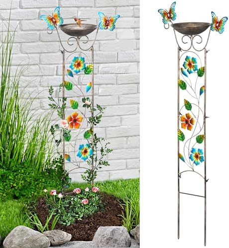 LEWIS&WAYNE Garden Trellis Bird Bath Outdoor, 40 Inch Antique Iron Garden Plant Trellis Decorative with Floral-Butterflies and Detachable Drinking Basin Bowl, Free Standing BirdBath Birdfeeder Station