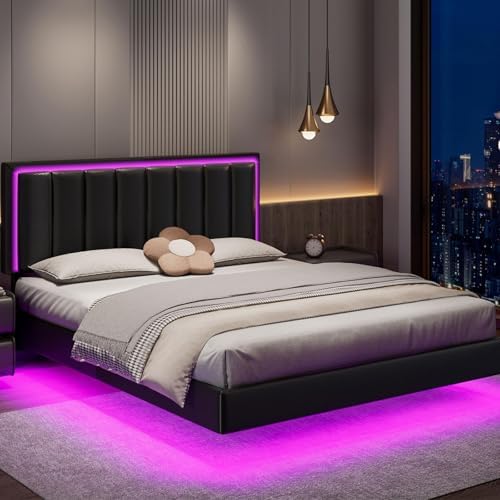 Floating Bed Frame Full with LED Lights, Upholstered Floating Bed Frame with Headboard, Solid Wood Slats Support, No Box Spring Needed, Noise-Free, Easy Assembly, Black