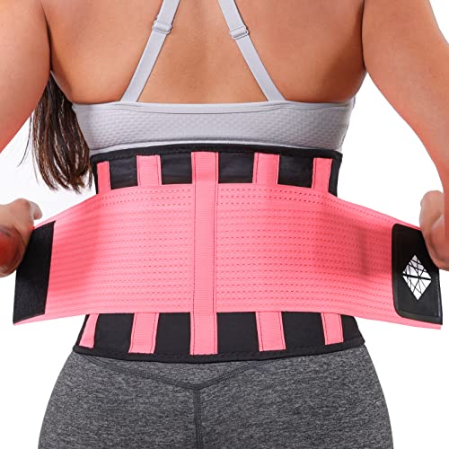 Ultra Thin Adjustable Back Support for Women & Men - Flexible Breathable Lower Back Brace with Dual-Tension Straps | Industrial Pink Lumbar Pain Relief Design, S