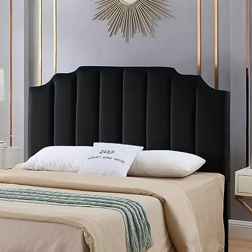 24KF Black Velvet Tufted Queen Upholstered Headboard, Modern Vertical Channel Design California Queen/Full Headboard with Stepped Silhouette Top Edge,Black