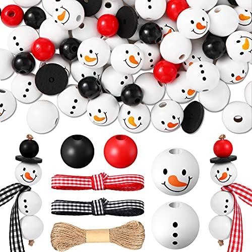 180 Piece Christmas Snowman Wooden Bead for Crafts Winter Wooden Bead Christmas Buffalo Plaid Wood Round Print Beads with DIY Twine Scarf for Crafts (Vivid Color)
