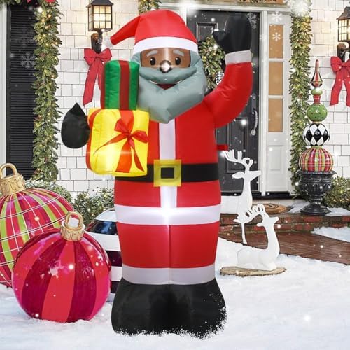 4FT Christmas Inflatable Decoration with Lights: Black Santa Claus Outdoor Blow up, Lighted Christmas Black Santa Take Two Gift Boxes Indoor Holiday Decoration