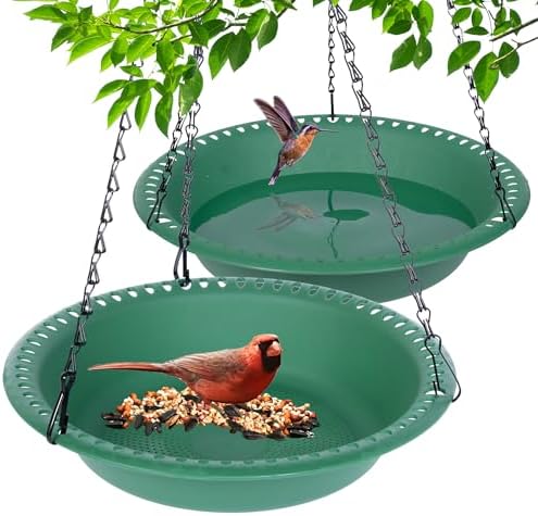 Hanging Bird Bath & Bird Feeder Set, 2 in 1 Birds Feeder Tray and Birdbath Bowl 12 inch with Chains for Outside, Wildbird Feeder for Outdoors Garden Patio Yard Lawn Decor, Green