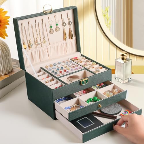 3 Layer Jewelry Box, Jewelry Holder Organizer with 2 Drawer Tray, Large boxes for Women Velvet Earring Organizer, Lockable & Organizers, Birthday Gifts for Women Mom, Green