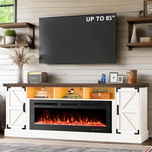 77" Fireplace TV Stand for 85 Inch TV, 50'' Electric Fireplace, Power Outlet, LED Farmhouse Media Entertainment Center Console Table for Living Room, White