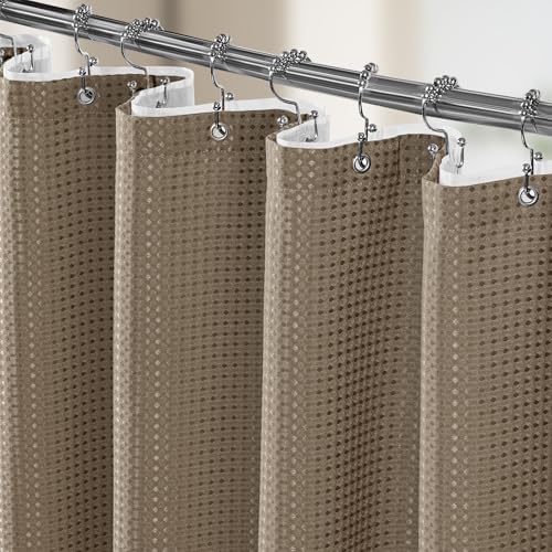 3 in 1 Shower Curtain Set, Waffle Shower Curtain and Liner Set with 12 Double Sided Shower Curtain Hooks, 258GSM Luxury Weighted Cloth Shower Curtains for Bathroom, 72 W x 72 H, Beige