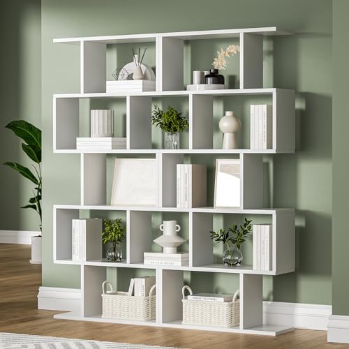 White 5-Tier Geometric Bookcase, S-Shaped Modern Bookshelf Set of 2, 62.6" Tall Room Divider Book Shelf, Decorative Display Shelf