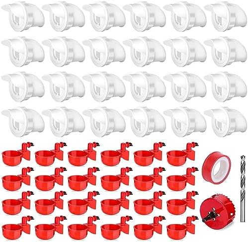 24 Pcs Chicken Feeder Kit and 24 Pcs Water Cup Kit, Gravity Poultry Waterer Cup and Poultry Feeder Port Set with Hole Saw and Sealing Tape, Chicken Feeder No Waste for Duck Bird Quail