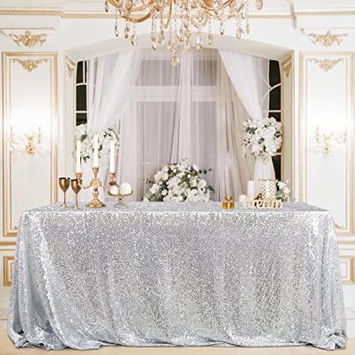 B-COOL 60x102 Inch Silver Tablecloth Christmas Rectangle Silver Sequin Tablecloth Sequin Table Linens Glitter Tablecloth Wedding Sequin Tablecloth for Xmas Halloween