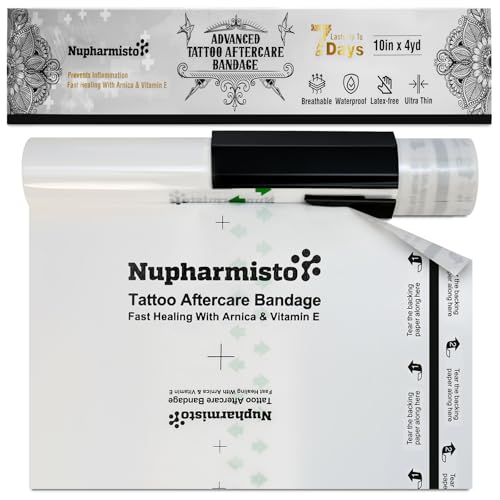 Tattoo Aftercare Bandage For Skin Waterproof: 10 in x 4yd Second Skin Cover Fast Healing With Arnica & Vitamin E - Sterile Aftercare Wrap For New Tattoo For Swimming Shower For Man Women (10 in x 4yd)
