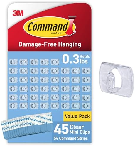 Command Indoor Mini Light Clips, Damage Free Hanging Christmas Light Clips, Mini Wall Clips for Hanging Indoor Christmas Decorations, Lights and Cables, 45 Clear Clips and 54 Command Strips