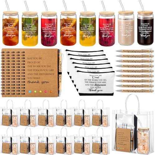 60 Pcs Employee Appreciation Gifts Bulk Glass Cup Inspirational Makeup Bag Bamboo Pen Inspirational Notebook and Bag for Thanksgiving Christmas Staff Coworker Team (May You Be Proud)