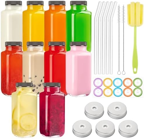 TUZAZO 10 Pack 8 oz Glass Juice Bottles with Lids, Reusable Glass Bottles for Juicing, Water, Kombucha - Square Smoothie Cups Drinking Jars Juice Containers