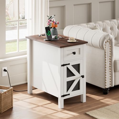 HAIOOU Farmhouse End Table with Charging Station, Narrow White Side Tables with Storage Cabinet and Drawer, Wood Nightstand with Power Outlets & USB Ports for Bedroom, Living Room