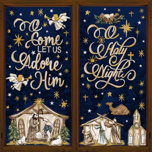Christmas Window Clings 6 Sheets Jesus Nativity Window Stickers Decals Double-Sided Christmas Glass Window Decoration for Xmas Home Kitchen Office Decor Winter Holiday New Year
