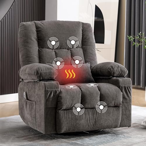 Massage Swivel Recliner Chair with Vibration Massage and Lumbar Heating for Adults,Oversized Rocker Recliner Single Sofa with Side Pocket,Two Cup Holders and USB Charge Port for Living Room