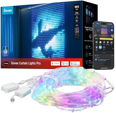 Govee Curtain Lights Pro, Upgraded 960 LEDs Smart Color Changing LED Curtain Lights with AIGC, Dynamic DIY String Lights for Bedroom Living Room Holiday Decor, Outdoor IP67 Waterproof, 5.41Ã—5.77ft